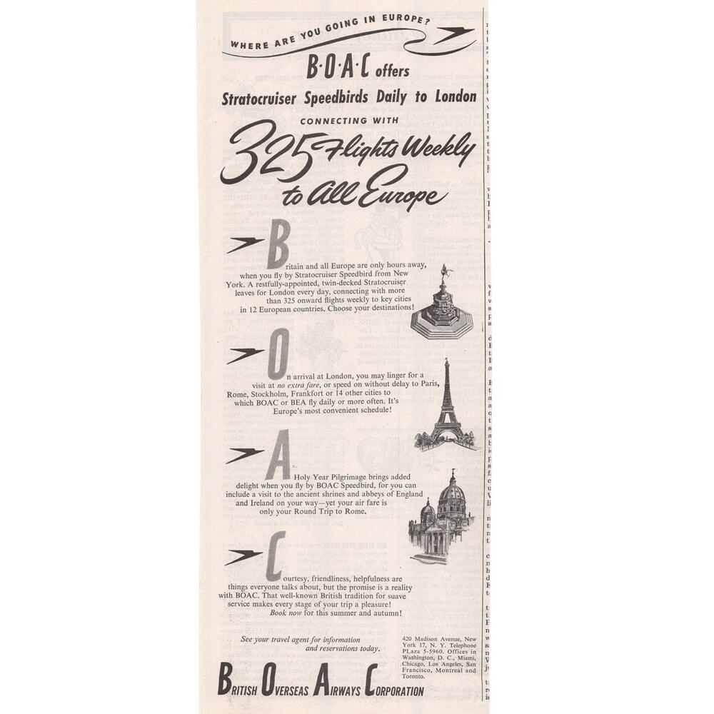 British Overseas Airways Corporation Advertisement Vtg 1950s BOAC Airline Plane
